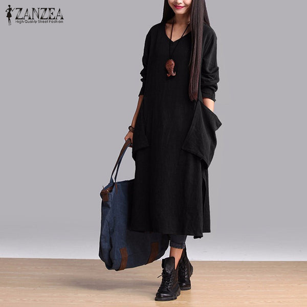 ZANZEA Fashion Autumn Dress 2016 Women Cotton Casual Loose Long Dresses Long Sleeve V Neck Vestidos Plus Size S-5XL