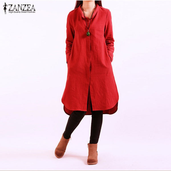 Zanzea Vestidos 2016 Fashion Women Casual Loose Long Sleeve Stand Collar Dress Double Pockets Hem Split Dress Plus Size S-4XL