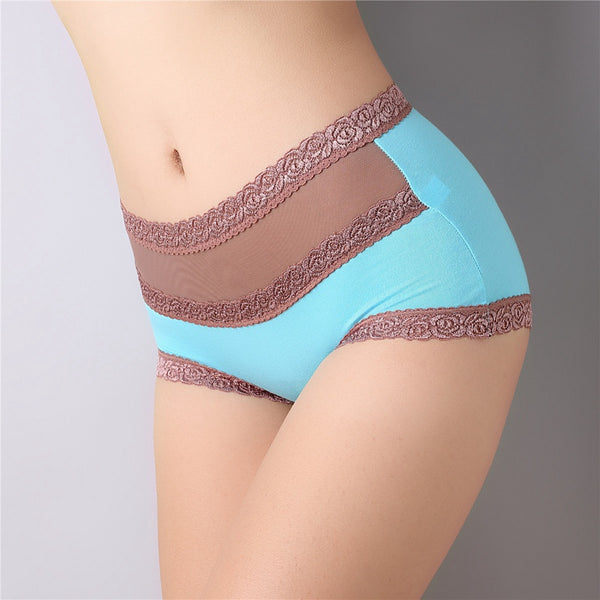 Women's Mesh Lace High Waist Panties Bamboo Fiber Breathable Seamless Sexy Briefs Underwear Lingerie Size L XL