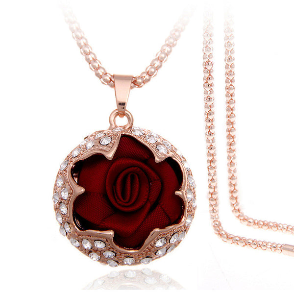 European Rose Design Pendant Necklace Fashion Crystal long Sweater chain Woman Fashion Jewelry Wholesale&Retail