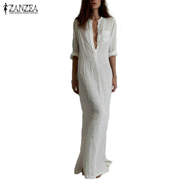 Zanzea Fashion Vestidos 2017 Autumn Women Sexy Casual Dress Long Sleeve Deep V Neck Linen Split Solid Long Maxi Dress
