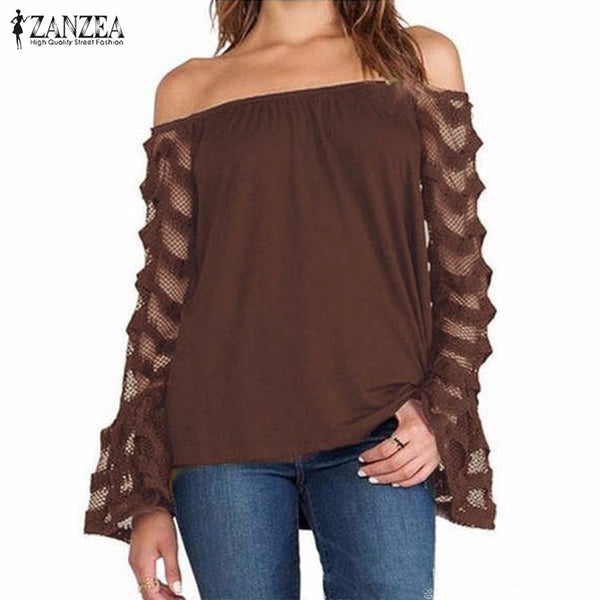 Fashion Blusas 2016 Autumn ZANZEA Women Blouses Sexy Off Shoulder Mesh Long Sleeve Shirts Oversized Tops Plus Size S-5XL