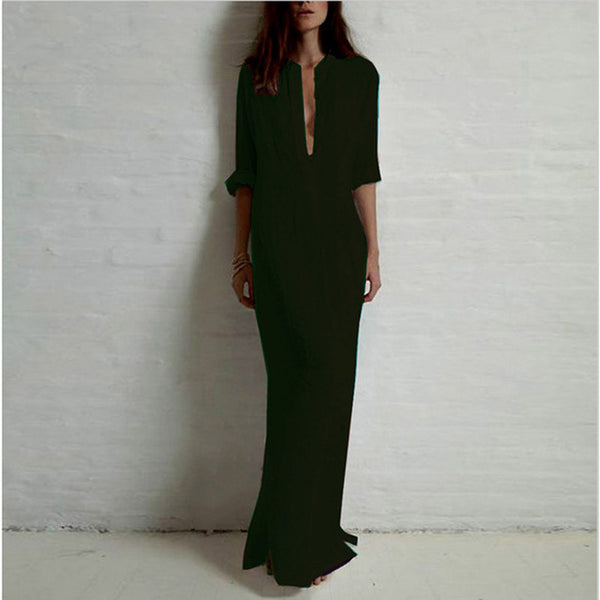 Zanzea Fashion Vestidos 2017 Autumn Women Sexy Casual Dress Long Sleeve Deep V Neck Linen Split Solid Long Maxi Dress
