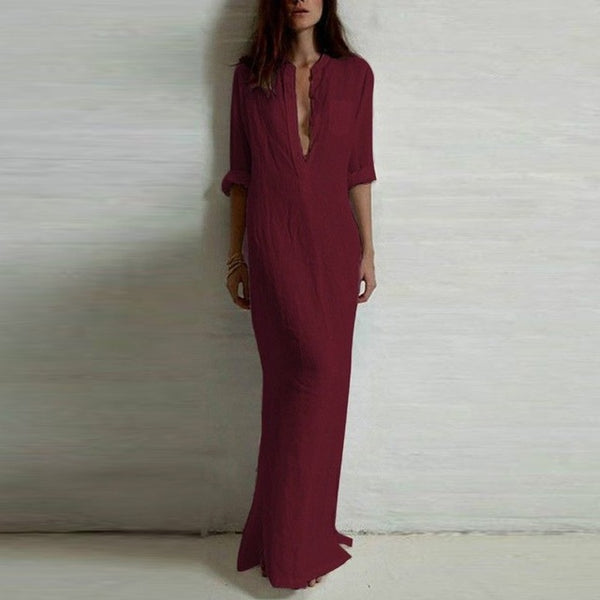 Zanzea Fashion Vestidos 2017 Autumn Women Sexy Casual Dress Long Sleeve Deep V Neck Linen Split Solid Long Maxi Dress
