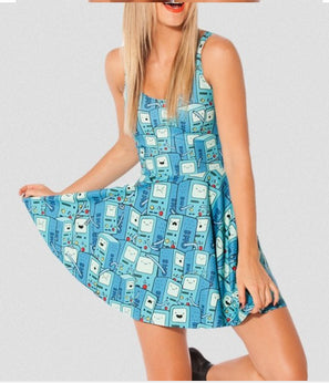 EAST KNITTING fashion X-014 HOT Women digital print pleated Adventure Time Bro Ball Reversible Skater Dress S M L XL Plus Size