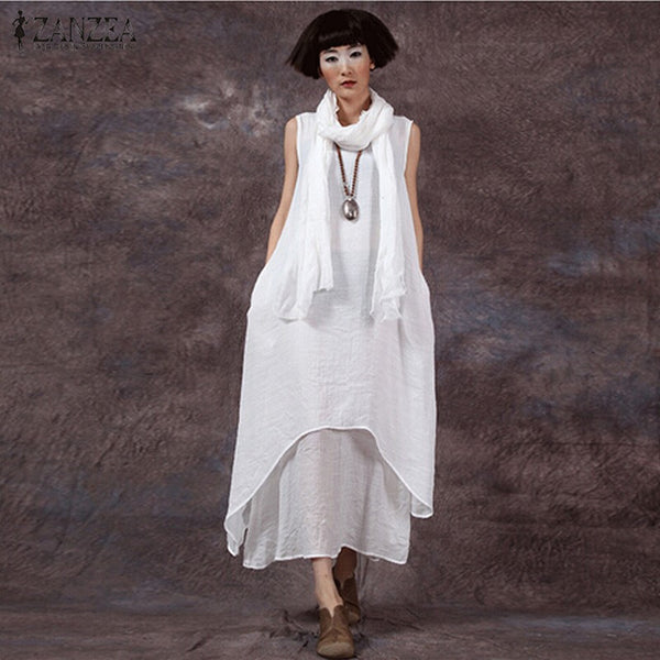 Hot Sale ZANZEA Fashion Summer Dress 2017 Women Casual Loose Cotton Linen Dress Long Dresses Solid Vestidos Plus Size S-5XL
