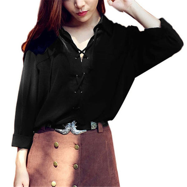 ZANZEA Blusas 2017 Women Turn Down Collar Chiffon Shirt Sexy Deep V Front Lace Up Long Sleeve Blouse Casual Tops Plus Size S-3XL