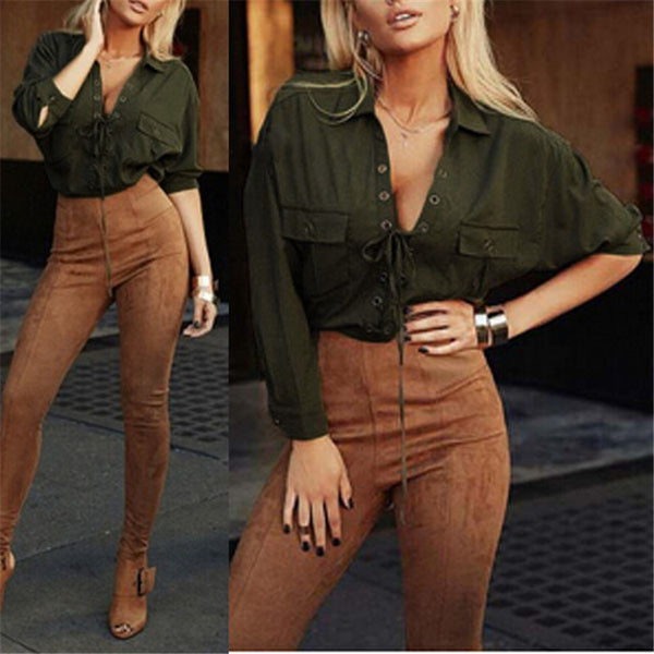 ZANZEA Blusas 2017 Women Turn Down Collar Chiffon Shirt Sexy Deep V Front Lace Up Long Sleeve Blouse Casual Tops Plus Size S-3XL