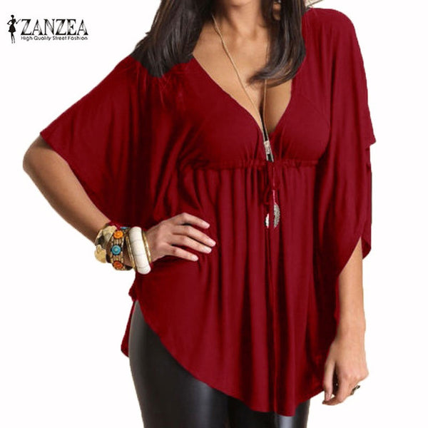 Zanzea Blusas Summer Women Trend 2016 Sexy Casual Loose V Neck Batwing Sleeve Tops Tee Ladies Black Blouses Shirts Plus Size