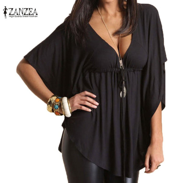 Zanzea Blusas Summer Women Trend 2016 Sexy Casual Loose V Neck Batwing Sleeve Tops Tee Ladies Black Blouses Shirts Plus Size
