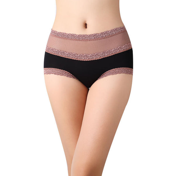 Women's Mesh Lace High Waist Panties Bamboo Fiber Breathable Seamless Sexy Briefs Underwear Lingerie Size L XL