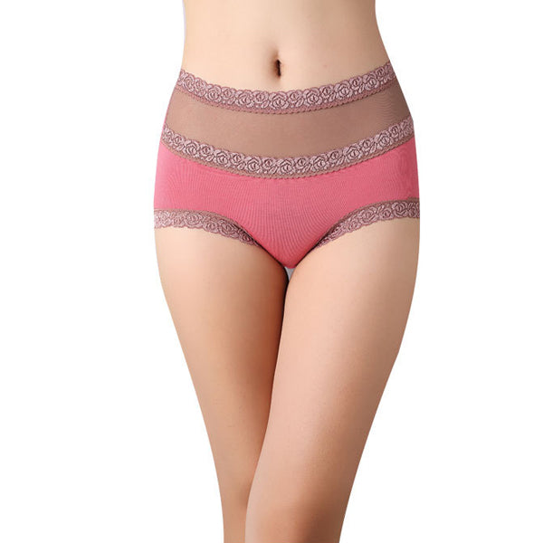 Women's Mesh Lace High Waist Panties Bamboo Fiber Breathable Seamless Sexy Briefs Underwear Lingerie Size L XL