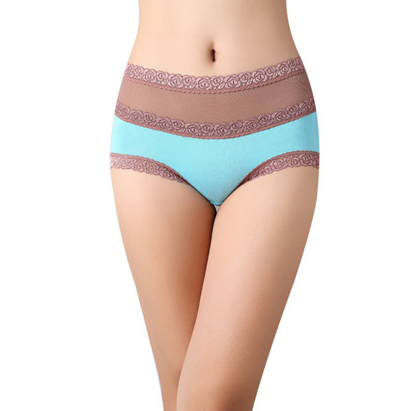 Women's Mesh Lace High Waist Panties Bamboo Fiber Breathable Seamless Sexy Briefs Underwear Lingerie Size L XL