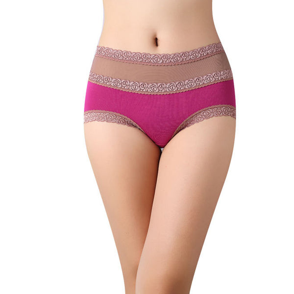 Women's Mesh Lace High Waist Panties Bamboo Fiber Breathable Seamless Sexy Briefs Underwear Lingerie Size L XL