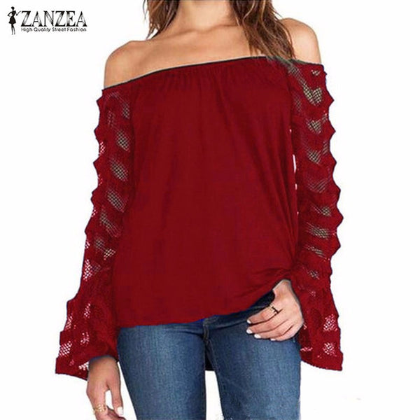 Fashion Blusas 2016 Autumn ZANZEA Women Blouses Sexy Off Shoulder Mesh Long Sleeve Shirts Oversized Tops Plus Size S-5XL