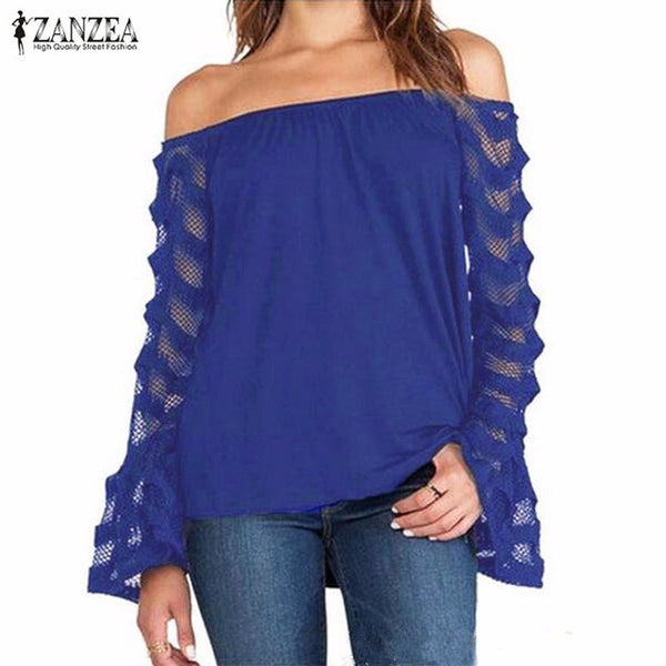 Fashion Blusas 2016 Autumn ZANZEA Women Blouses Sexy Off Shoulder Mesh Long Sleeve Shirts Oversized Tops Plus Size S-5XL