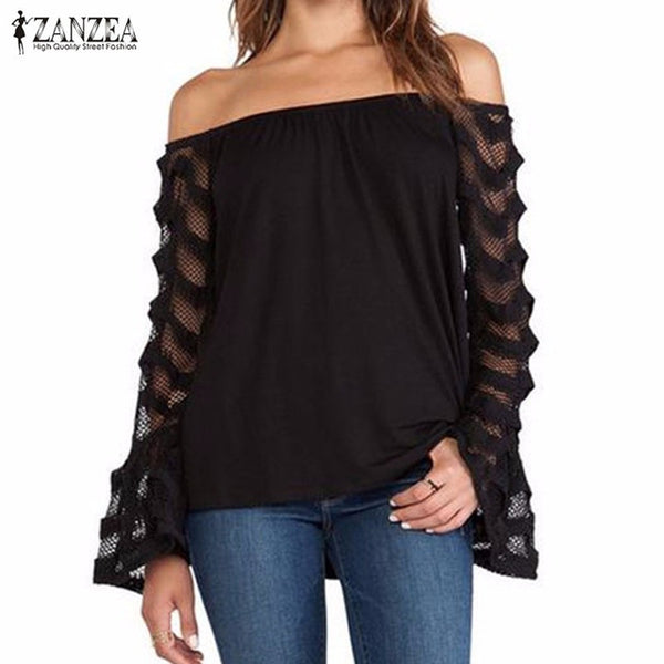 Fashion Blusas 2016 Autumn ZANZEA Women Blouses Sexy Off Shoulder Mesh Long Sleeve Shirts Oversized Tops Plus Size S-5XL