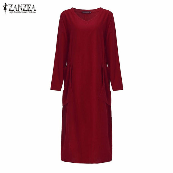 ZANZEA Fashion Autumn Dress 2016 Women Cotton Casual Loose Long Dresses Long Sleeve V Neck Vestidos Plus Size S-5XL