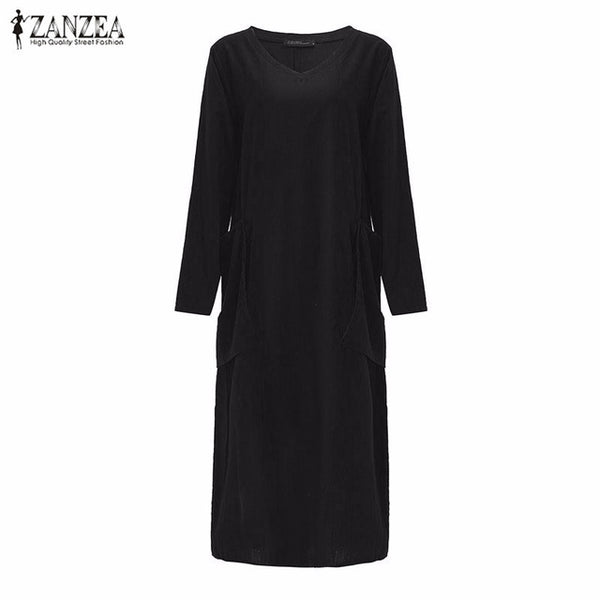 ZANZEA Fashion Autumn Dress 2016 Women Cotton Casual Loose Long Dresses Long Sleeve V Neck Vestidos Plus Size S-5XL