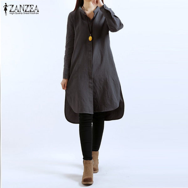 Zanzea Vestidos 2016 Fashion Women Casual Loose Long Sleeve Stand Collar Dress Double Pockets Hem Split Dress Plus Size S-4XL
