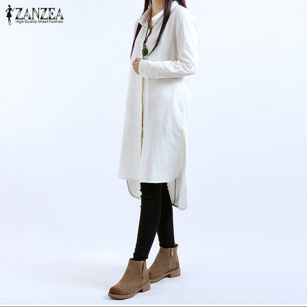 Zanzea Vestidos 2016 Fashion Women Casual Loose Long Sleeve Stand Collar Dress Double Pockets Hem Split Dress Plus Size S-4XL