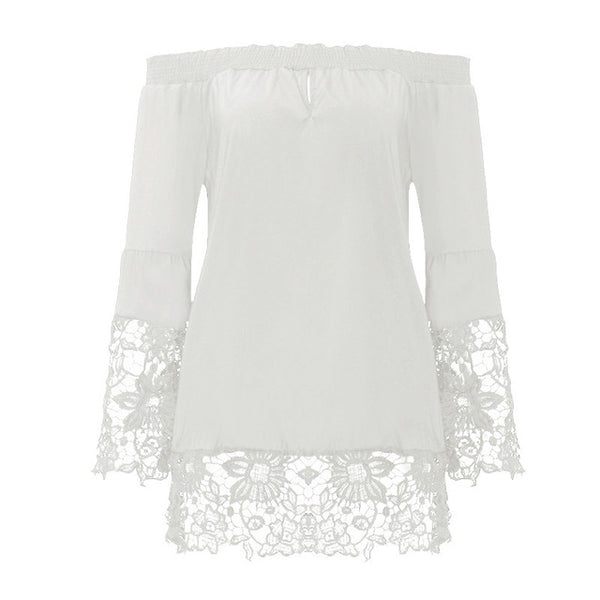 ZANZEA Women Blouses 2016 Sexy Slash Neck Off Shoulder Shirts Flare Long Sleeve Patchwork Lace Crochet Blusas Casual Tops