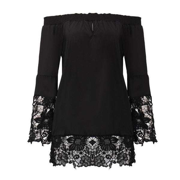 ZANZEA Women Blouses 2016 Sexy Slash Neck Off Shoulder Shirts Flare Long Sleeve Patchwork Lace Crochet Blusas Casual Tops