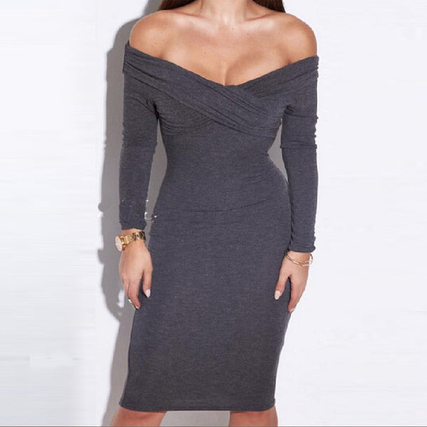 2017 Brand Women Slim Stretch Dress Off Shoulder Office Robe Bodycon Pencil Party Long Sleeve