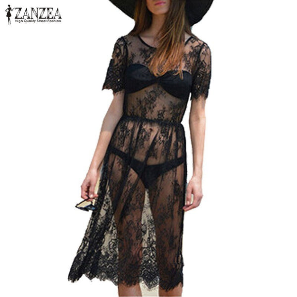 Fashion 2017 Summer Sexy Women Lace See Through Short Sleeve Black Beach Dress Ladies Casual Loose Vestidos Hot Sale