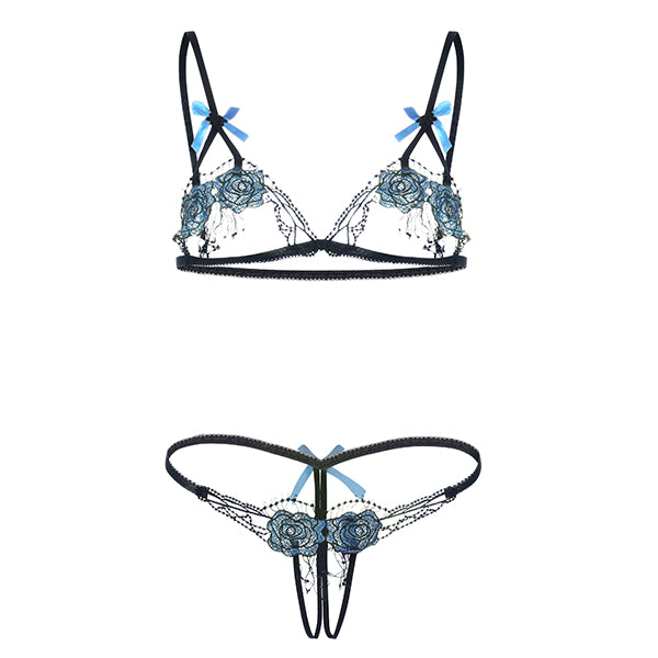 Sexy Women Open Bust Hollow Lace Embroidery Bra Set Nightwear Crotchless T-back Sexy Underwear Suit Brassiere G-string Intimates