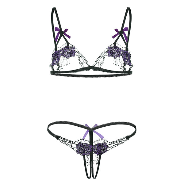Sexy Women Open Bust Hollow Lace Embroidery Bra Set Nightwear Crotchless T-back Sexy Underwear Suit Brassiere G-string Intimates
