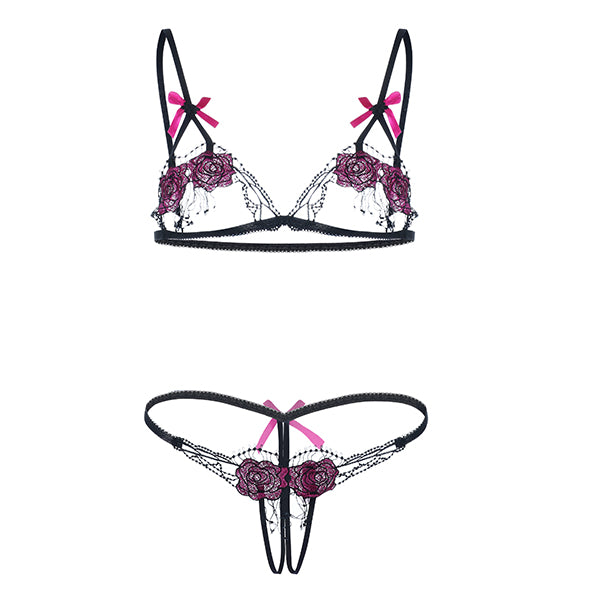 Sexy Women Open Bust Hollow Lace Embroidery Bra Set Nightwear Crotchless T-back Sexy Underwear Suit Brassiere G-string Intimates