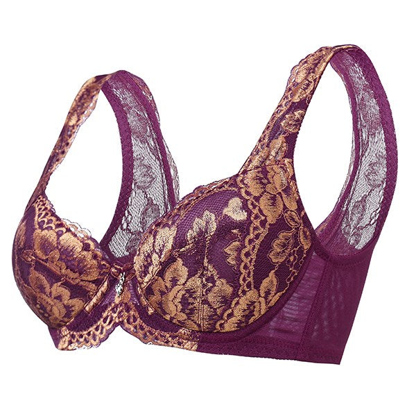 Sexy Women Push Up Bras Gather Thin Lace Embroidery Bra Breathable Brassiere Underwear 4X4Hook-and-eye  Ladies 3/4 Cup Lingerie