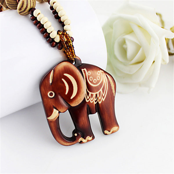 LNRRABC Fashion Women Boho Ethnic Carving Beach Jewelry Handmade Beads Wood Elephant Pedant Necklace Sweater Chain Necklace