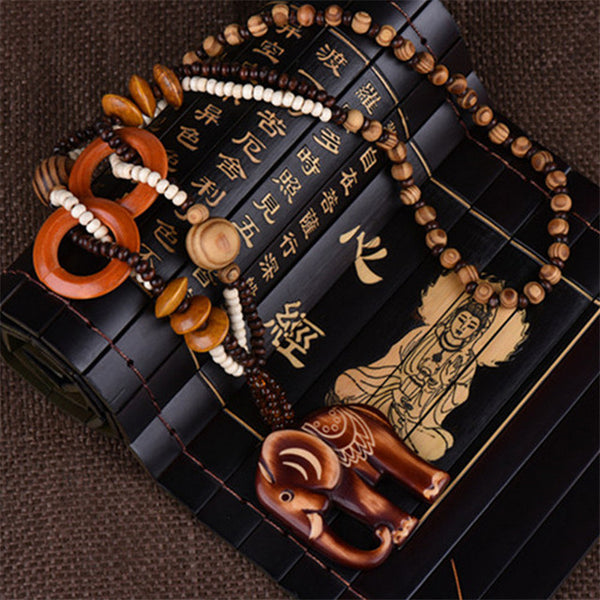 LNRRABC Fashion Women Boho Ethnic Carving Beach Jewelry Handmade Beads Wood Elephant Pedant Necklace Sweater Chain Necklace