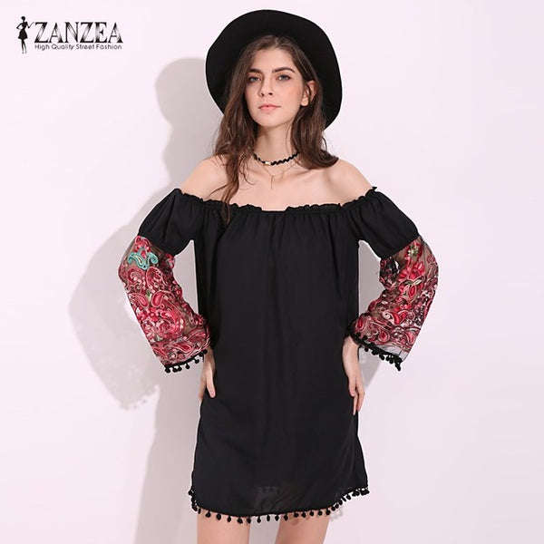 ZANZEA Women Dress 2017 Summer Sexy Slash Neck Flare Sleeve Mini Dress Fashion Embroidery Patchwork Casual Loose Vestidos