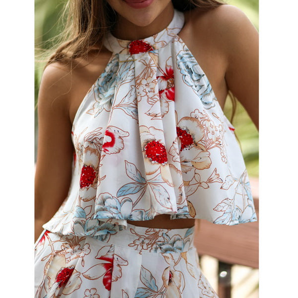 2017 Summer Women Elegant Floral Printed High Neck Crop Tops+Pleated Shorts Jumpsuit Beach Two Piece Outfits Rompers
