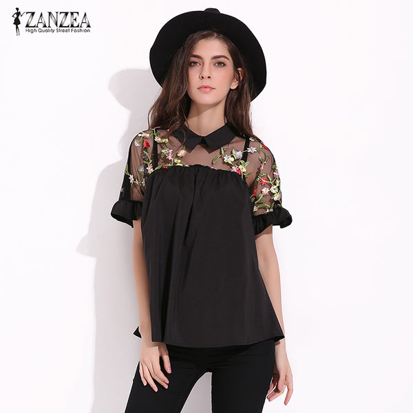 ZANZEA Women Blouse Shirt Fashion Summer Flower Embroidery Tops Sexy See Through Mesh Patchwork Short Sleeve Black Blusas