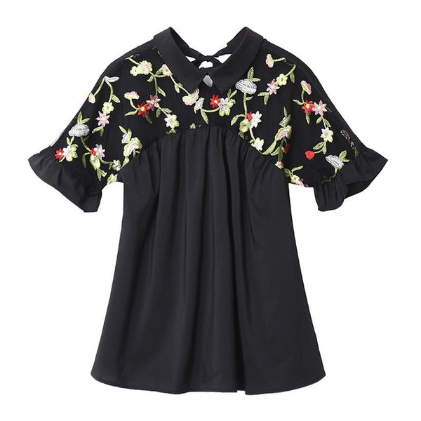 ZANZEA Women Blouse Shirt Fashion Summer Flower Embroidery Tops Sexy See Through Mesh Patchwork Short Sleeve Black Blusas