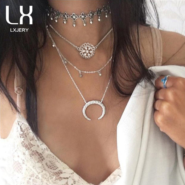 Fashion Boho Hollow Carved Moon Pendant Choker Necklace Bohemian Ethnic Vintage Necklace Women Girl Beach Swimming Gift XL007