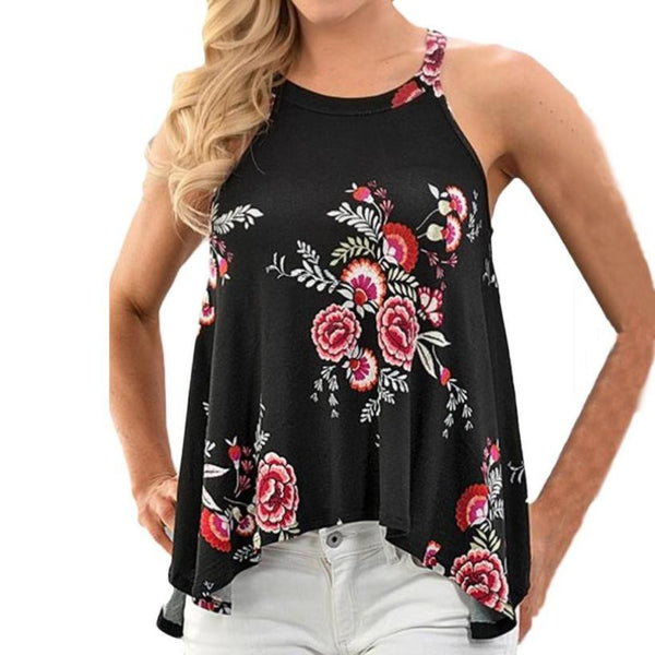 Women Backless Tank Tops 2017 Fashion Floral Printing Tank Top Sleeveless Sexy Halter Black T-Shirt Tops