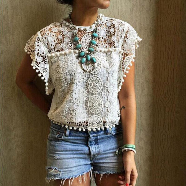 Women Summer Tops & Blouses Hollow Lace Vest Top Short Sleeve Blouse Casual White Tank Tops Shirt #LSW