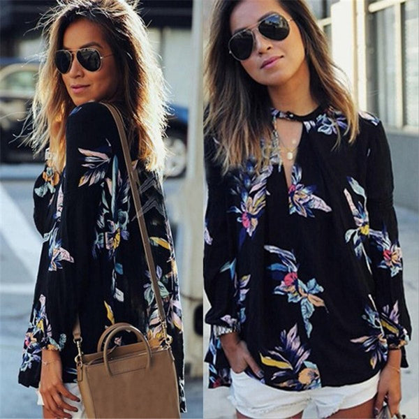 Elegant Floral Printed Chiffon Women Blouse 2017 Casual Fashion Loose V Neck Long Sleeve Black Tops Shirts Plus Size Sexy Blusas