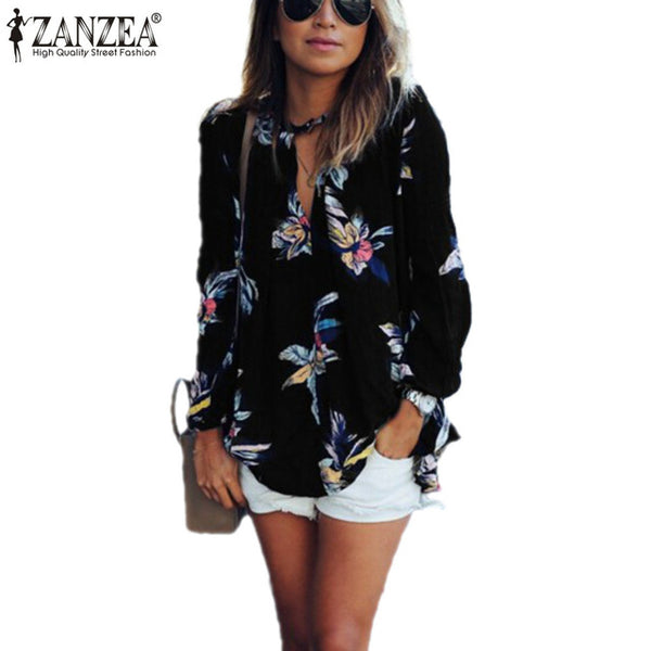 Elegant Floral Printed Chiffon Women Blouse 2017 Casual Fashion Loose V Neck Long Sleeve Black Tops Shirts Plus Size Sexy Blusas
