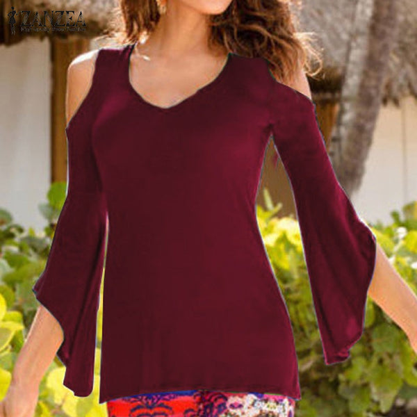 Autumn Shirts 2017 ZANZEA Women Blouses Sexy Off Shoulder V Neck Flare Sleeve Casual Solid Slim Blusas Plus Size Tops