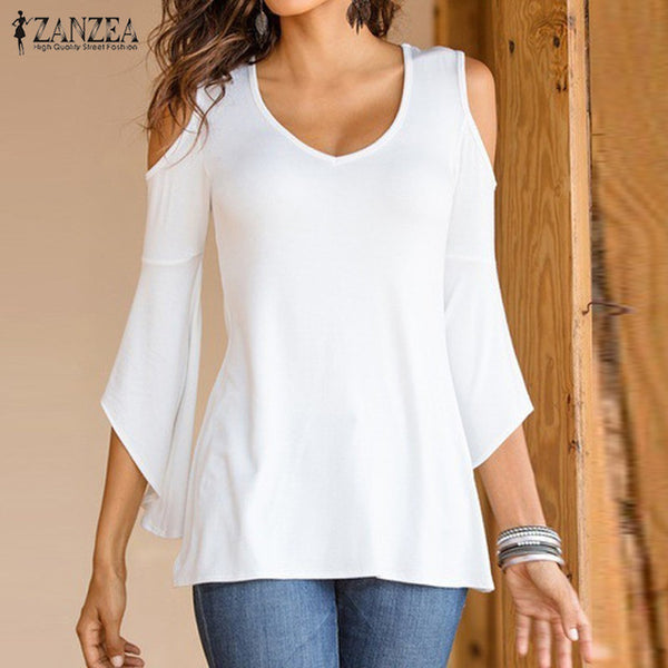 Autumn Shirts 2017 ZANZEA Women Blouses Sexy Off Shoulder V Neck Flare Sleeve Casual Solid Slim Blusas Plus Size Tops