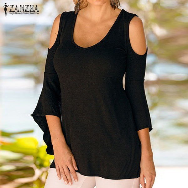 Autumn Shirts 2017 ZANZEA Women Blouses Sexy Off Shoulder V Neck Flare Sleeve Casual Solid Slim Blusas Plus Size Tops