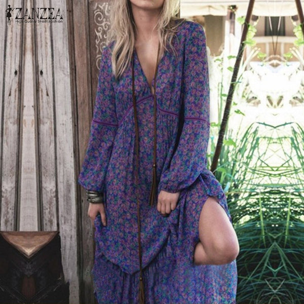 ZANZEA Women Summer Dress 2017 Fashion Boho Print Dresses Sexy Deep V Neck Long Sleeve Maxi Long Dress Casual Beach Vestidos