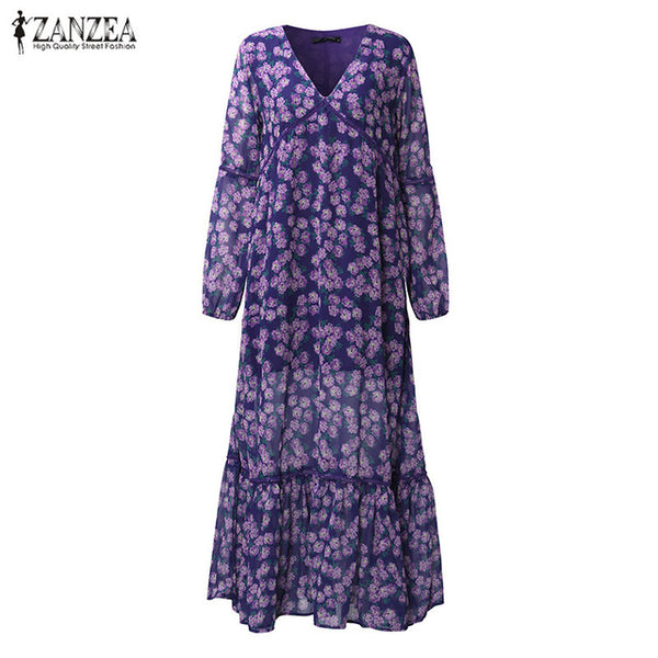 ZANZEA Women Summer Dress 2017 Fashion Boho Print Dresses Sexy Deep V Neck Long Sleeve Maxi Long Dress Casual Beach Vestidos