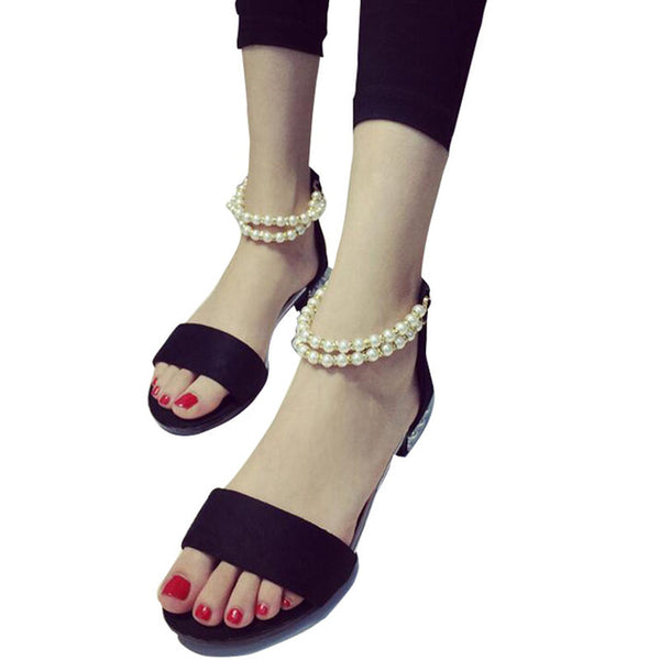 HEE GRAND Peep Toe Sandals Beading Artificial Pearl Chain Crystal Heel Back Zip Wrap Footwear Flat with Women Shoes XWZ2532
